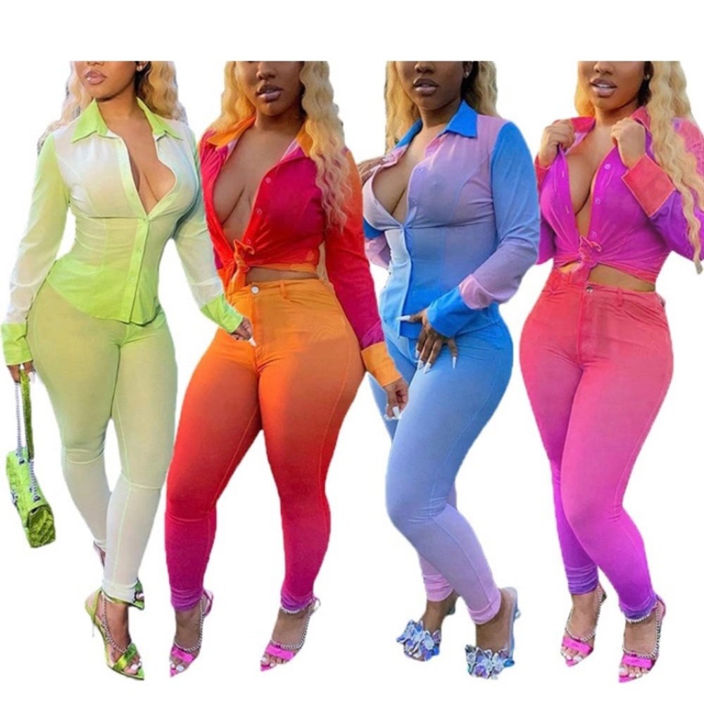 Gradient print two piece button up pant set